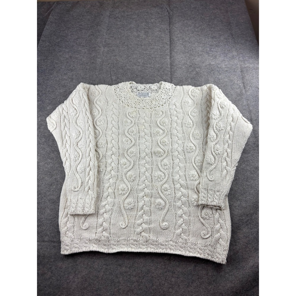 SNOW Something New Out West VTG Chunky Cable Knit Floral Sweater L Cottagecore